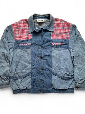 Vintage 1990 Sport Brand Women’s Blue Denim Shirt with Red Plaid Accents XL
